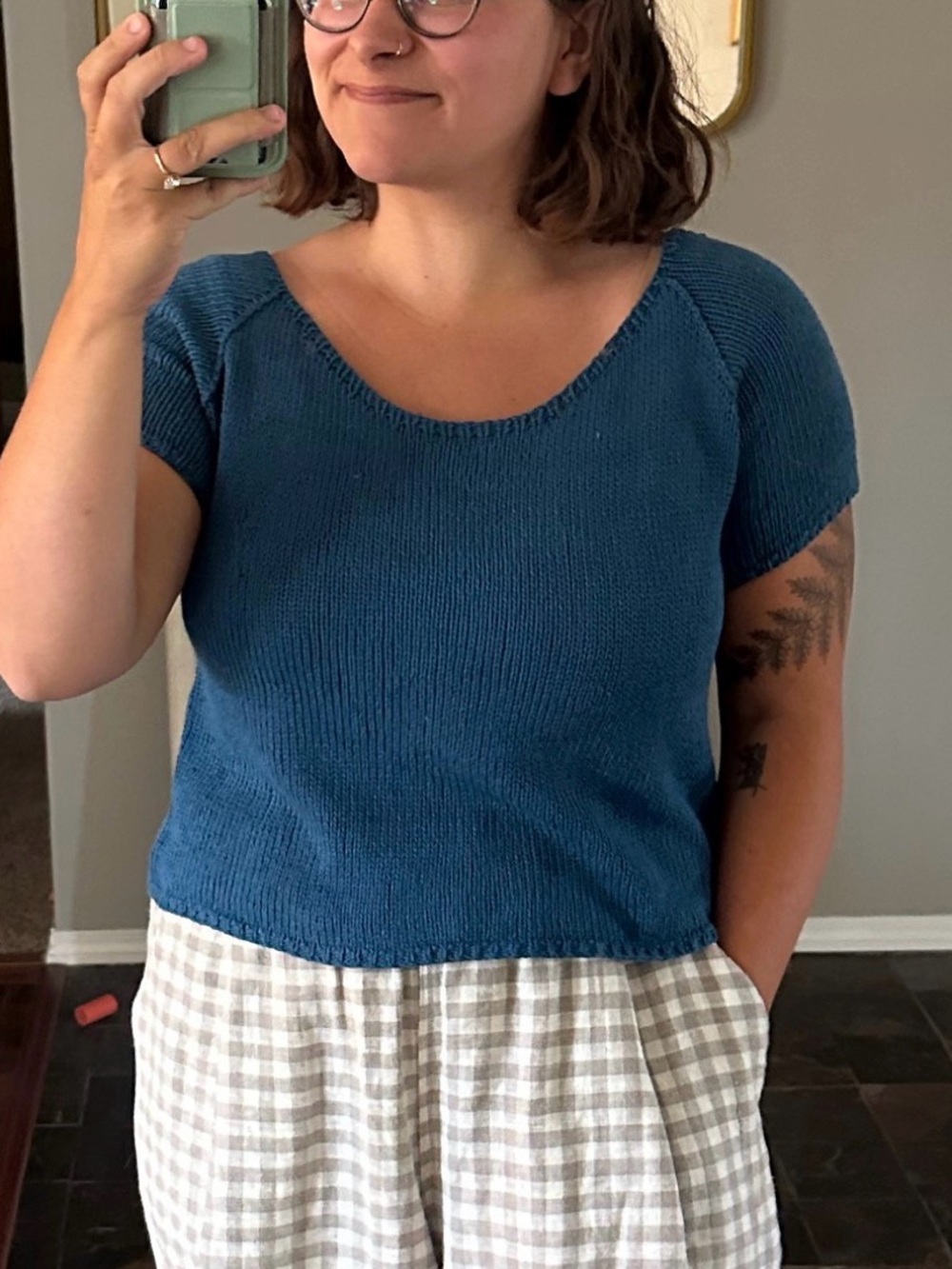 Hand knit Scoop Neck Knit Tee in Teal Blue